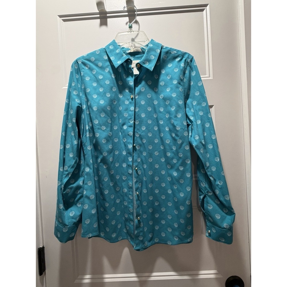 Chicos No Iron Teal Blue Shell Print Button Down Shirt Coastal Nautical Size 1 M